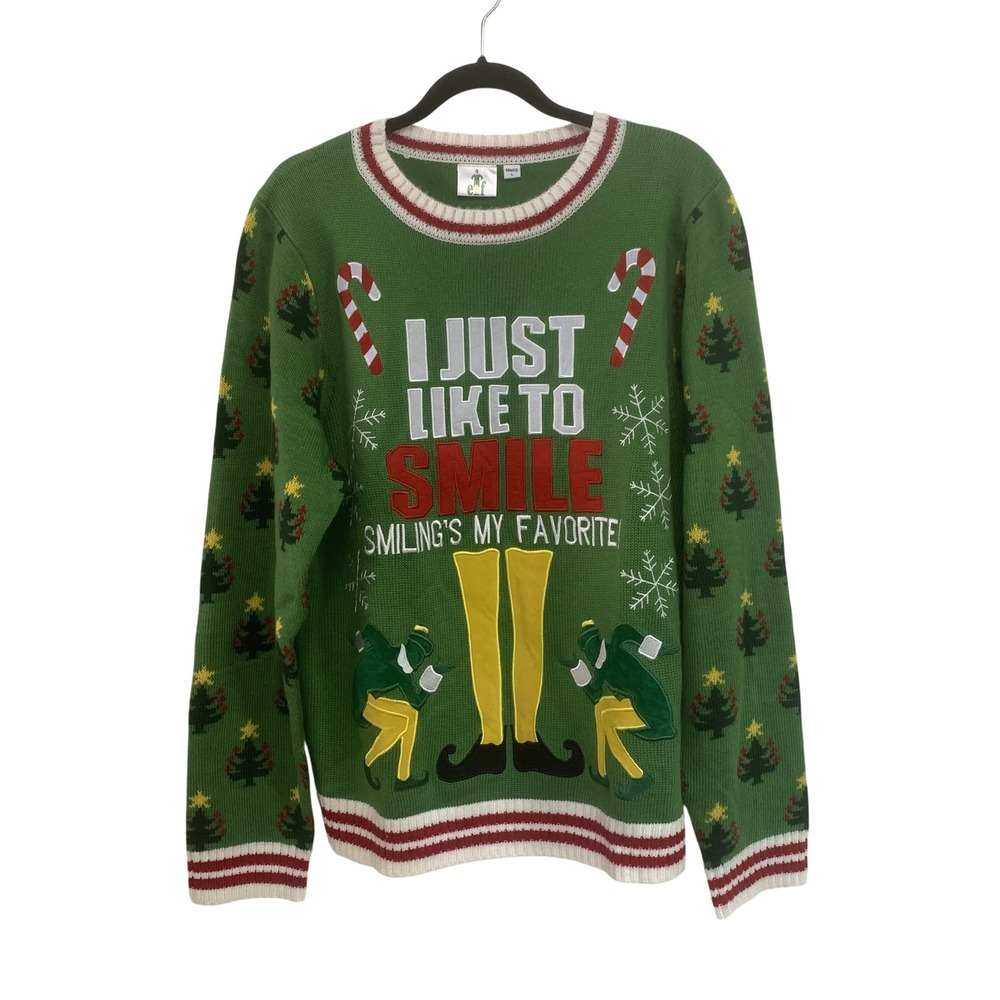 Elf Christmas Sweater Mens L I Just Like To Smile Green Ugly Holiday Wool Blend